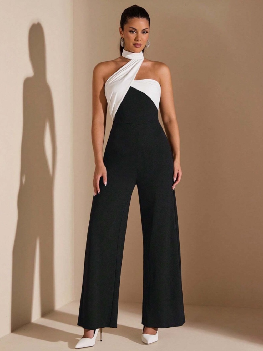 Asymmetrical White Halter Black Elegant Jumpsuit Zipper Closure - Picture 7 of 8